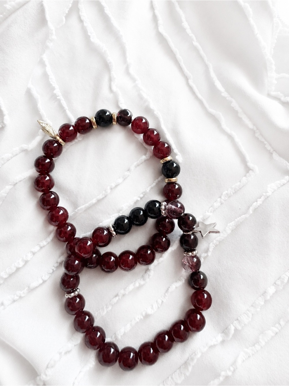 Women's Garnet and Black Beaded Stretch Bracelet Set